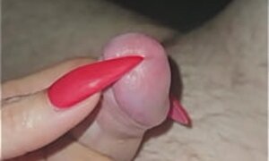 Wife teases my dick with her long nails,  spanks dick and let&#039_s me cum on her stockings.
