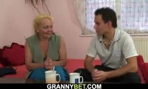 Flabby old woman spreads legs for young cock