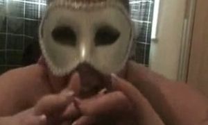 Nasty hooker with big boobs wearing mask gives me great blowjob