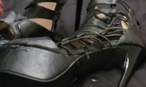 Cumshot on wife's high heel shoes!