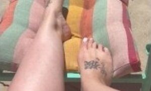 BBW stepmom MILF long tanned legs and white toes in the sun my POV in public